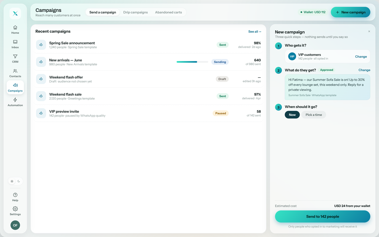 Stravax Engage campaign composer sending a broadcast to a saved audience