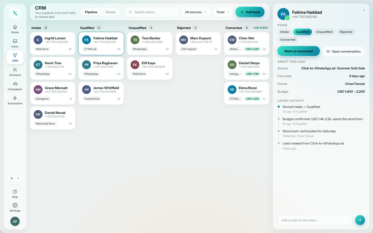 Stravax Engage CRM pipeline with an AI-qualified lead and its activity history