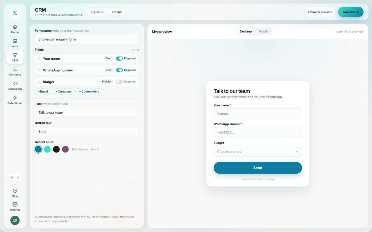 Stravax Engage lead-form builder with a live embedded enquiry form
