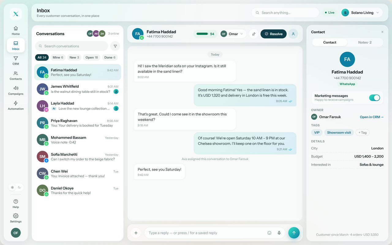 Stravax Engage unified inbox showing WhatsApp, Instagram and web conversations in one view